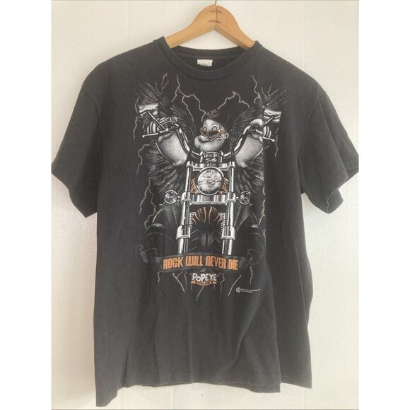 Vintage Popeye Cycle Club Tee Rock will never die T-Shirt Black 2010 Sz L - Picture 1 of 10